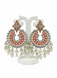 Kundan Chandbali in orange with Pearl Drops