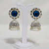 Royal Blue Crystal Studded Jhumka Earrings with Pearl Drops