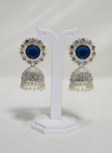 Royal Blue Crystal Studded Jhumka Earrings with Pearl Drops