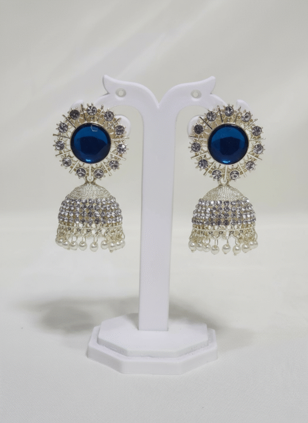 Royal Blue Crystal Studded Jhumka Earrings with Pearl Drops