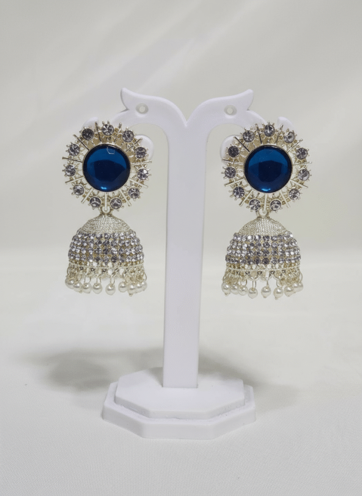 Royal Blue Crystal Studded Jhumka Earrings with Pearl Drops